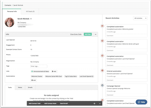 Uma ficha de contato do ActiveCampaign: informações, pontuação de contato, tags, listas, automações seguidas e atividades recentes