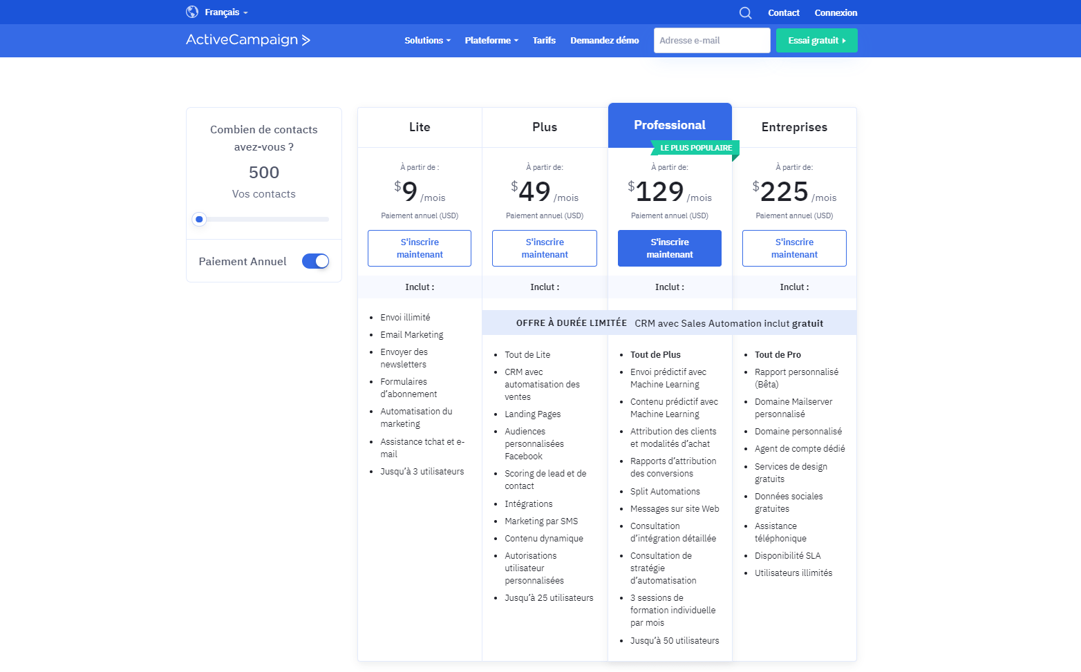 A tabela de preços do ActiveCampaign para 500 contatos em pagamento anual: Lite a 9 $, Plus a 49 $, Professional a 129 $ e Empresas a 225 $