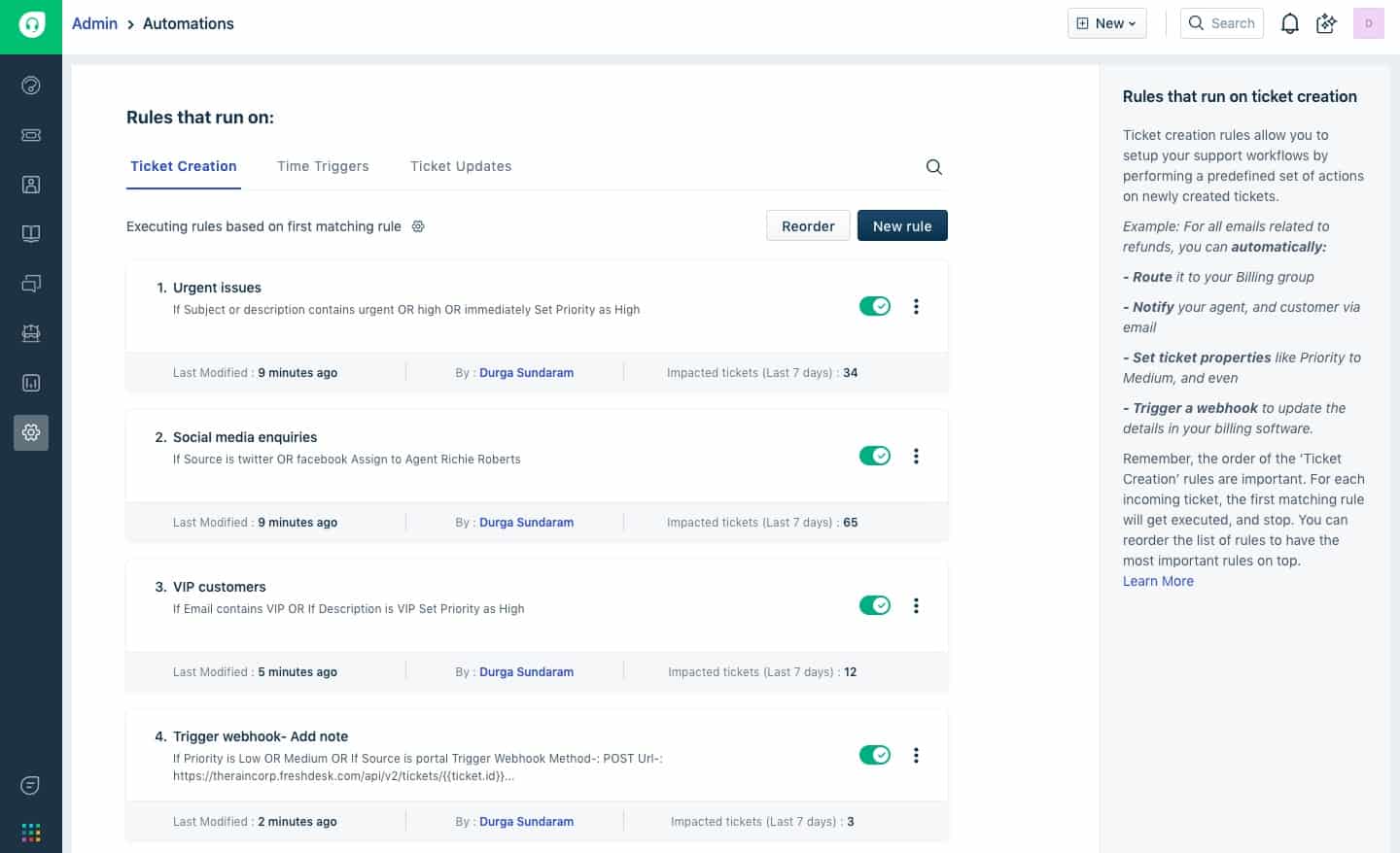 Freshdesk, página Automations: regras de criação de tickets (Urgent issues, Social media enquiries, VIP customers) ativadas