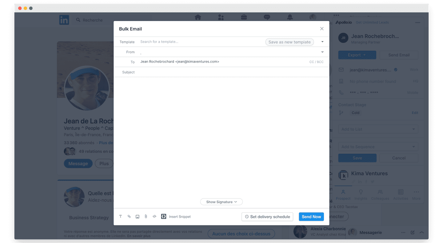 Janela Bulk Email do Apollo.io aberta em um perfil do LinkedIn, com campos Template, From, To e Subject