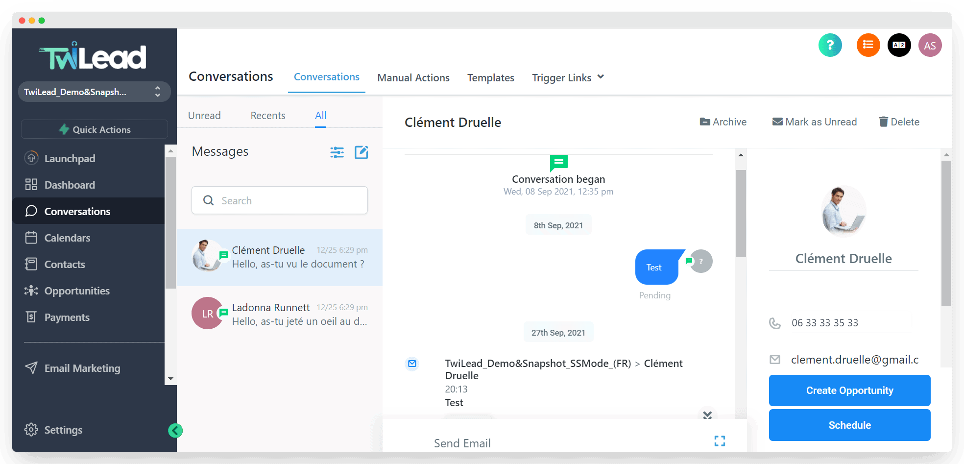 Le module Conversations de Twilead, qui rassemble email, téléphone, SMS et réseaux sociaux