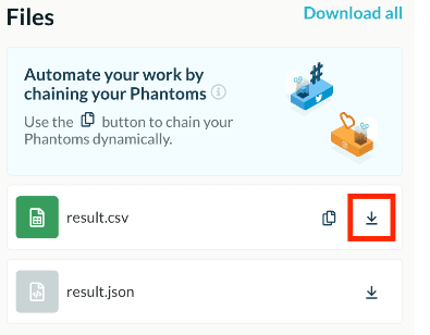 exportação de arquivo csv no phantombuster