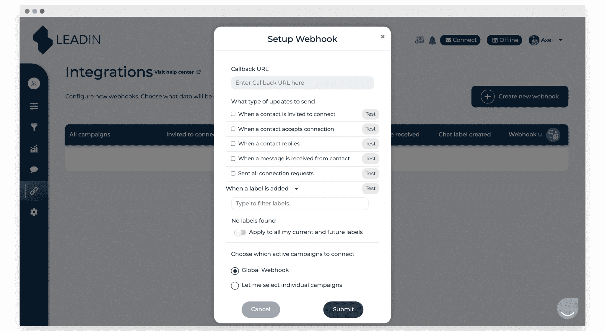 Le paramétrage d'un webhook dans Leadin
