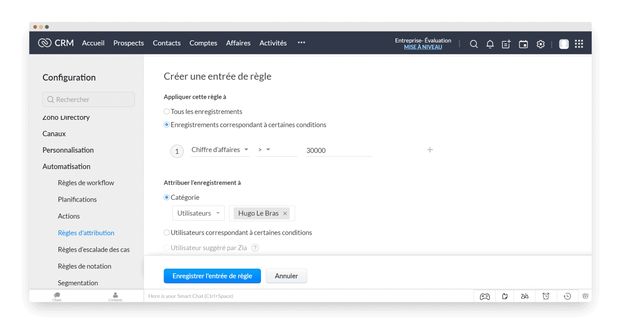 La configuration d'une règle d'attribution de leads dans Zoho CRM