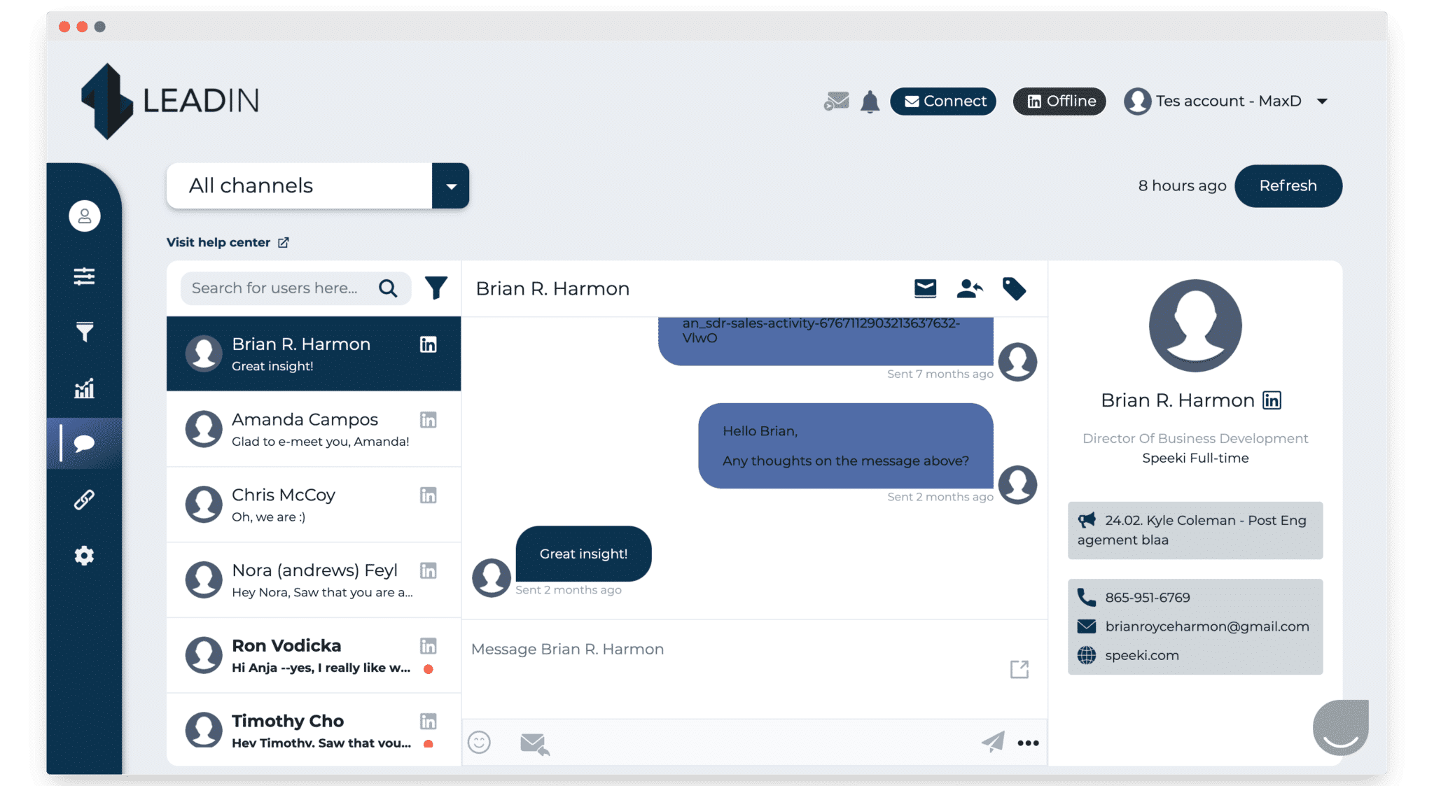 La messagerie centralisée de Leadin, qui rassemble les réponses LinkedIn et email