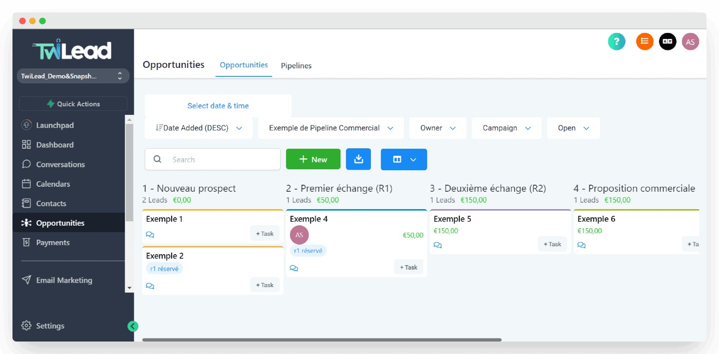 La vue pipeline de Twilead, décomposée en étapes avec les leads correspondants