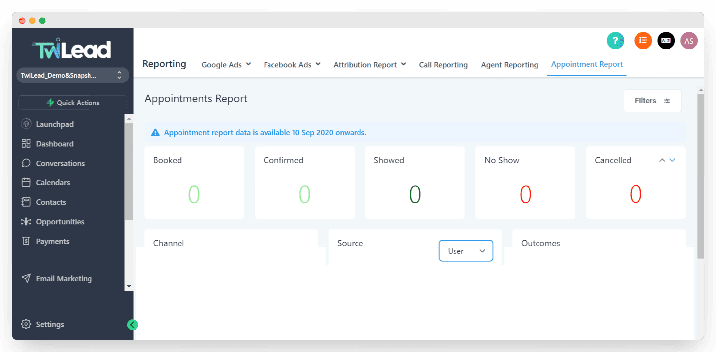 La vue macro du funnel de vente de Twilead : opportunités et rendez-vous