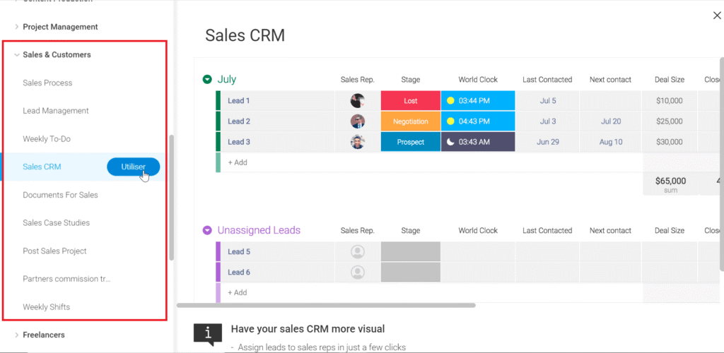 Modelo Sales CRM do monday.com: leads por etapa, vendedor responsável, datas de contato e valores dos negócios