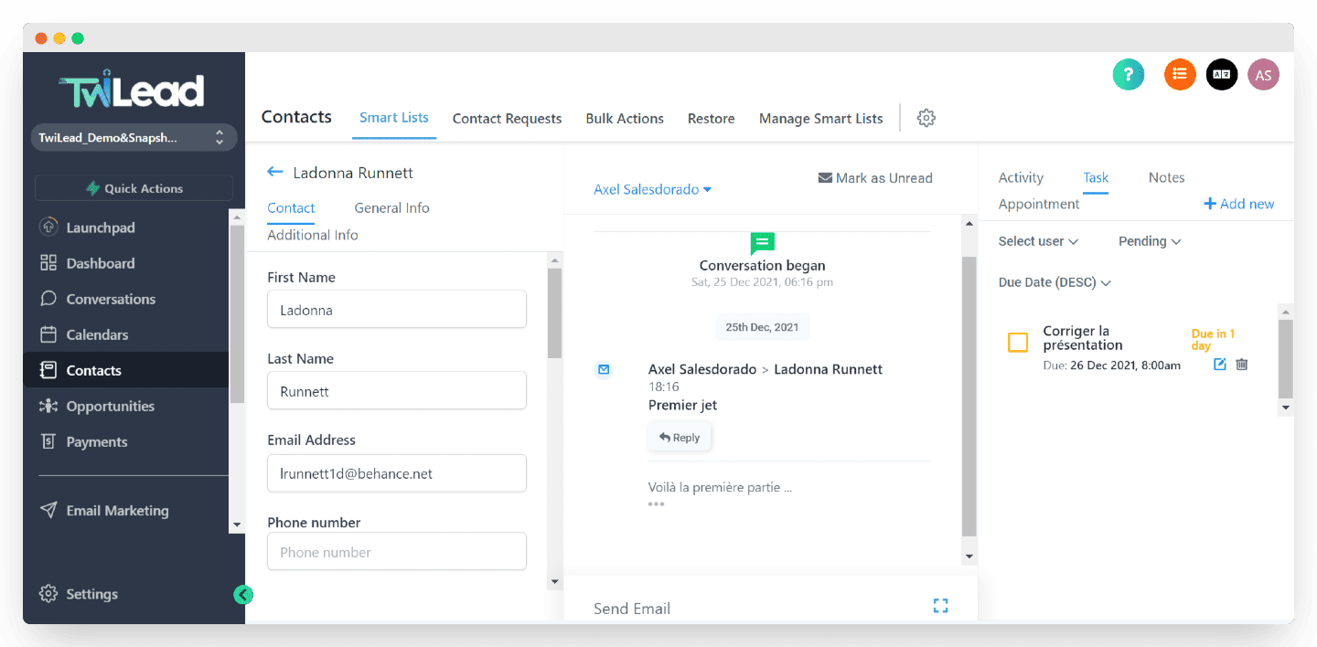 La fiche détaillée d'un contact dans Twilead : historique, activité, rendez-vous et tâches