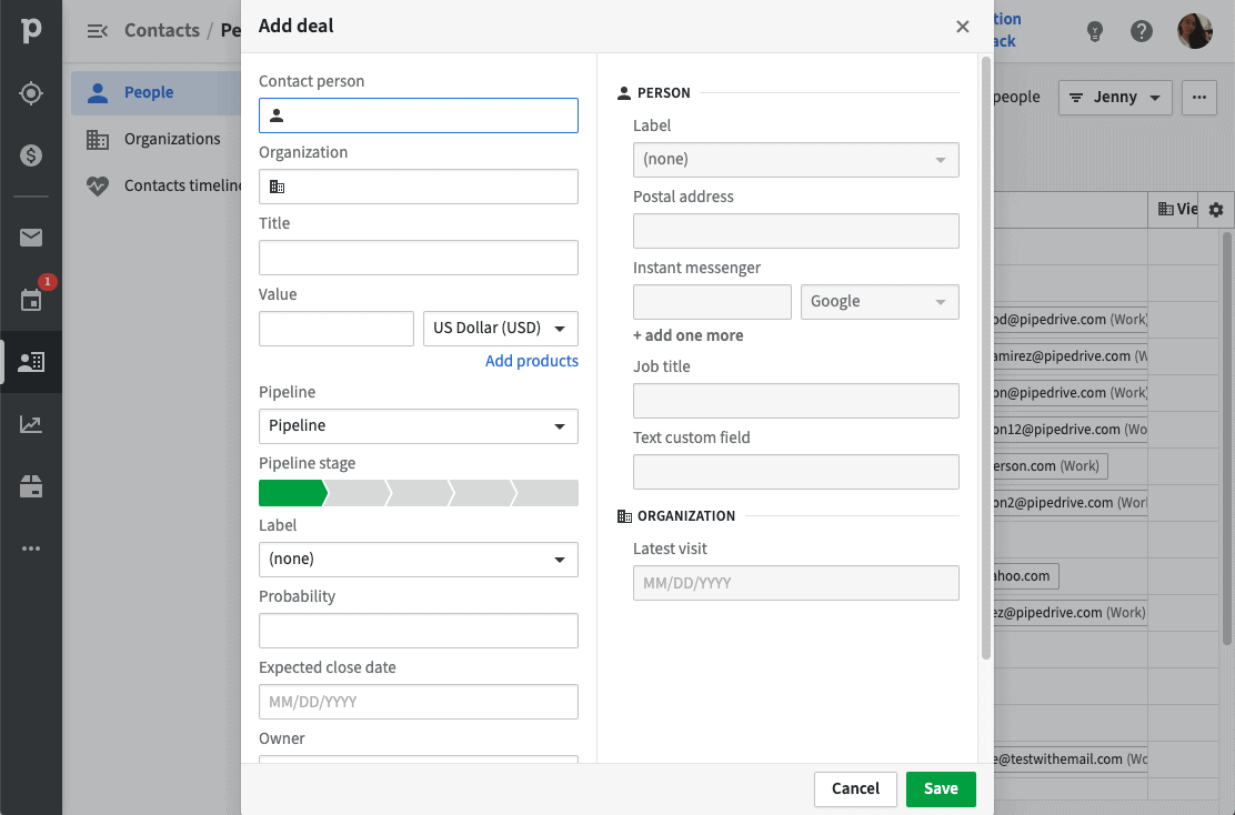 Formulário "Add deal" do Pipedrive: contato, organização, valor, pipeline, etiqueta, probabilidade e campos de pessoa