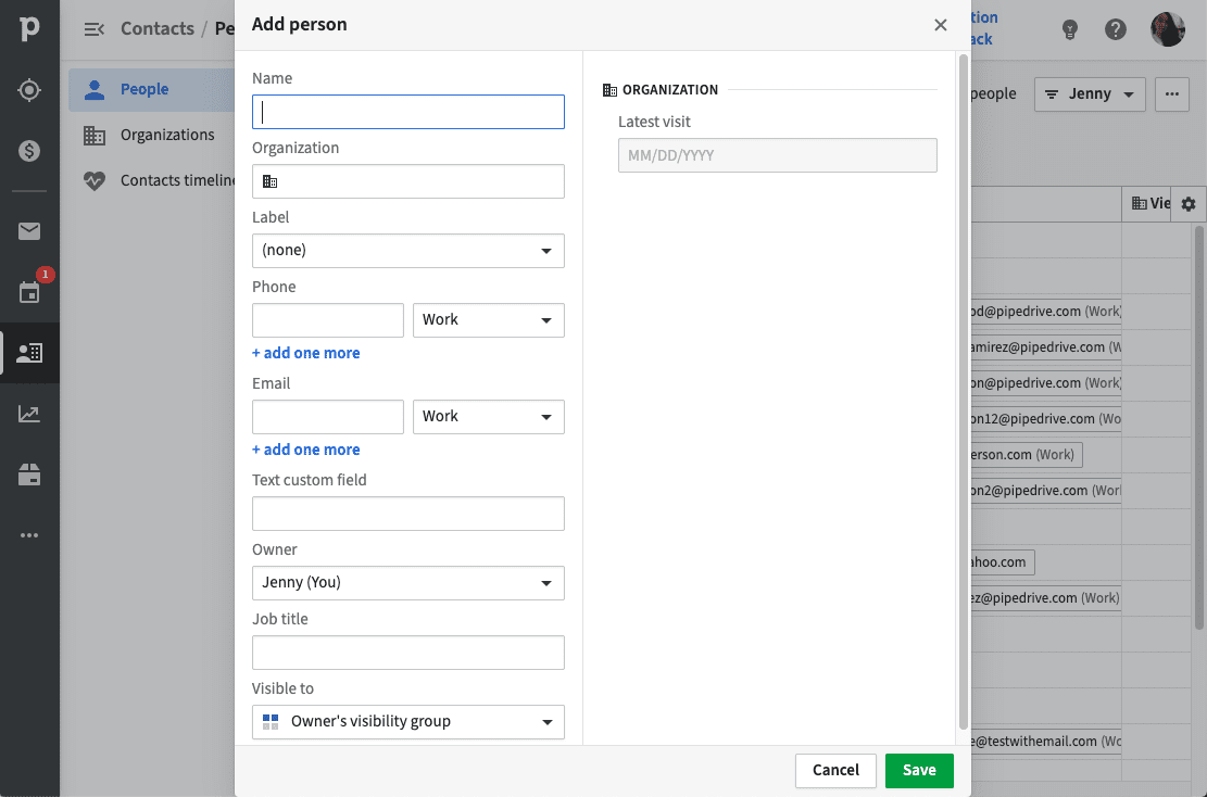 Pipedrive: janela « Add person » com campos nome, organização, telefone, e-mail, proprietário e visibilidade