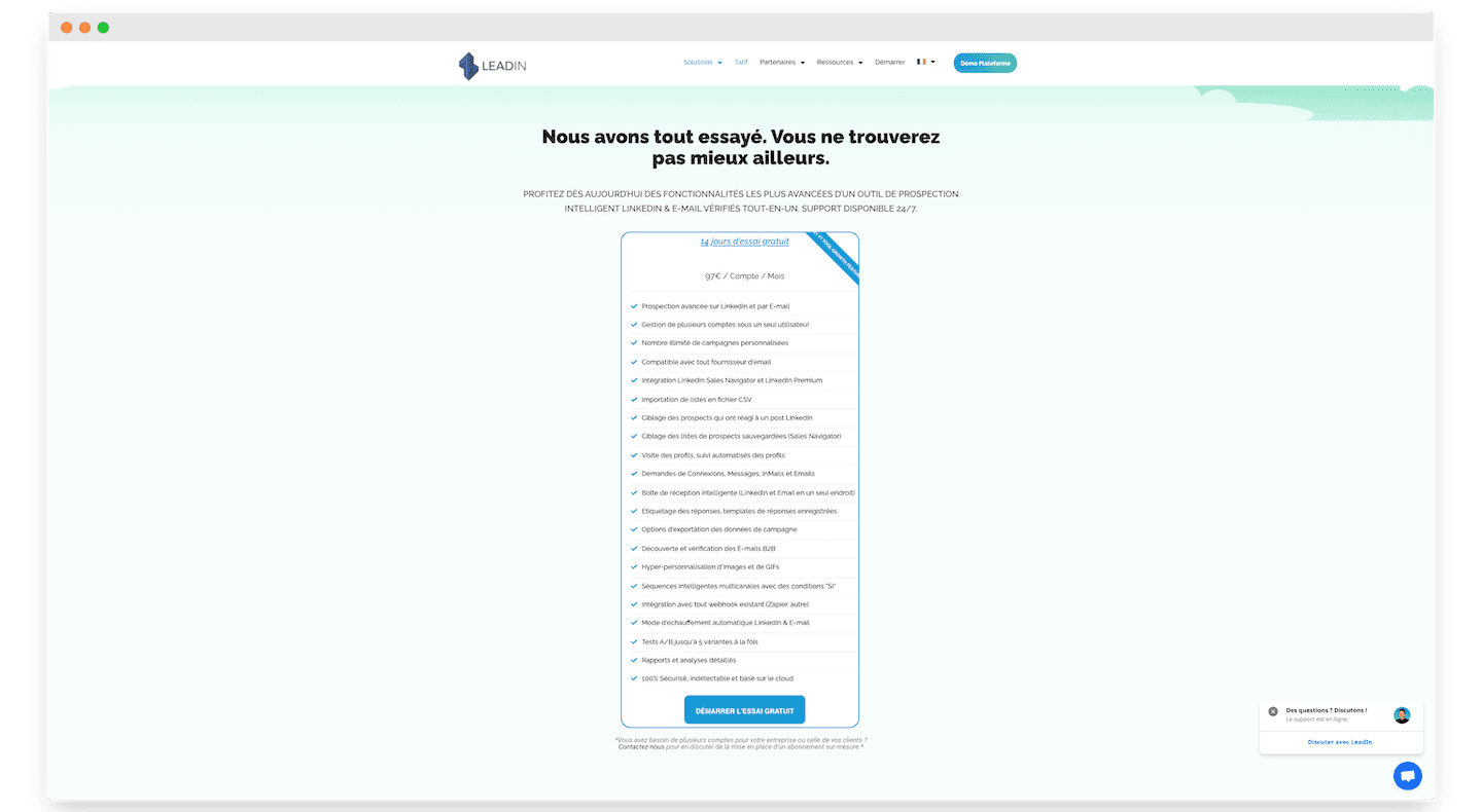 La grille tarifaire de Leadin : un tarif unique par compte et par mois