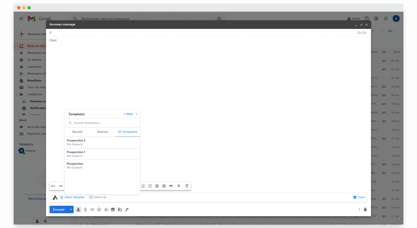 Janela Nova mensagem do Gmail com o painel Templates do Apollo listando Prospection, Prospection 1 e 2