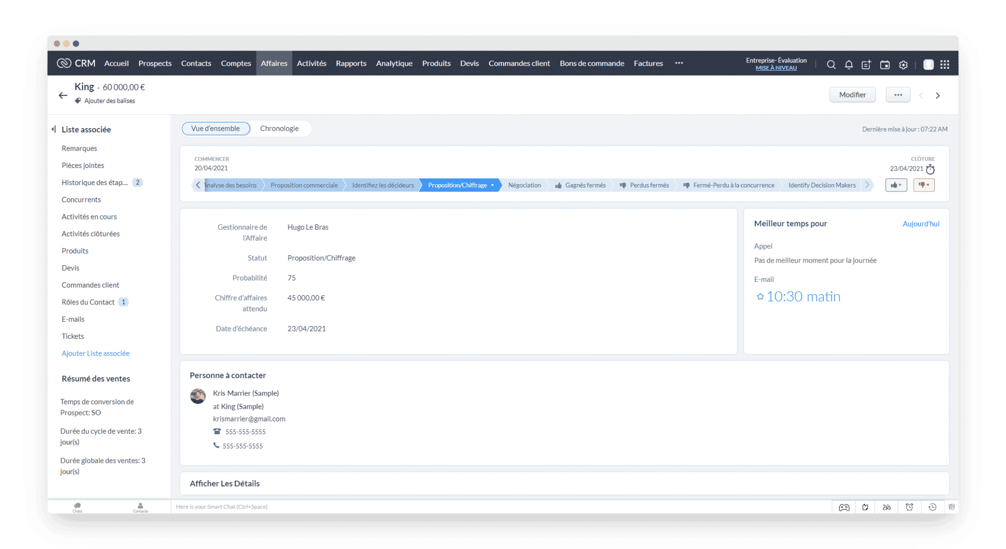 La vue des affaires en cours dans Zoho CRM