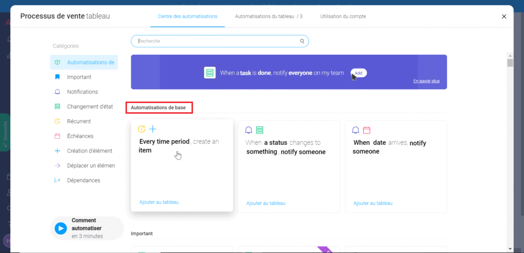 Central de automações do quadro Processo de venda: categorias e modelos de automações básicas para adicionar