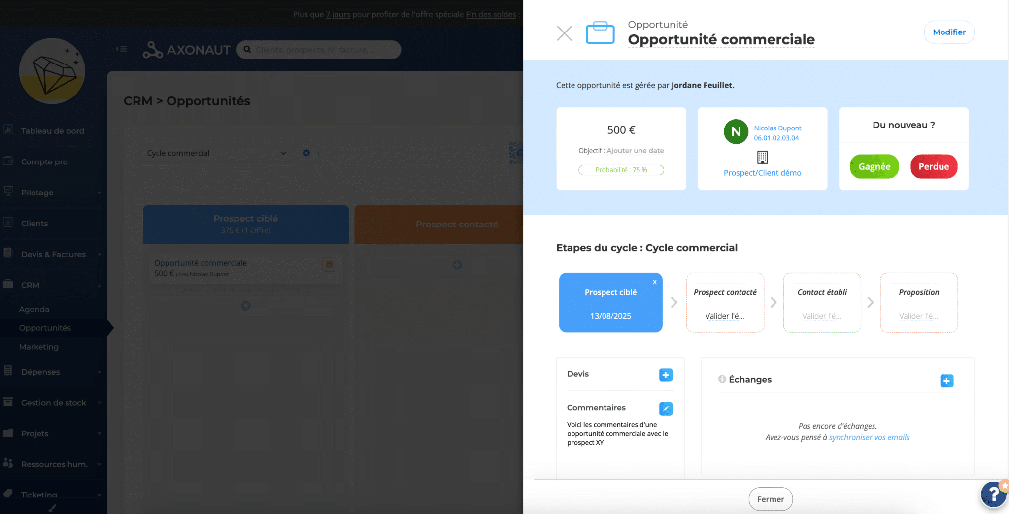Axonaut, detalhe de uma oportunidade com histórico e próximas ações