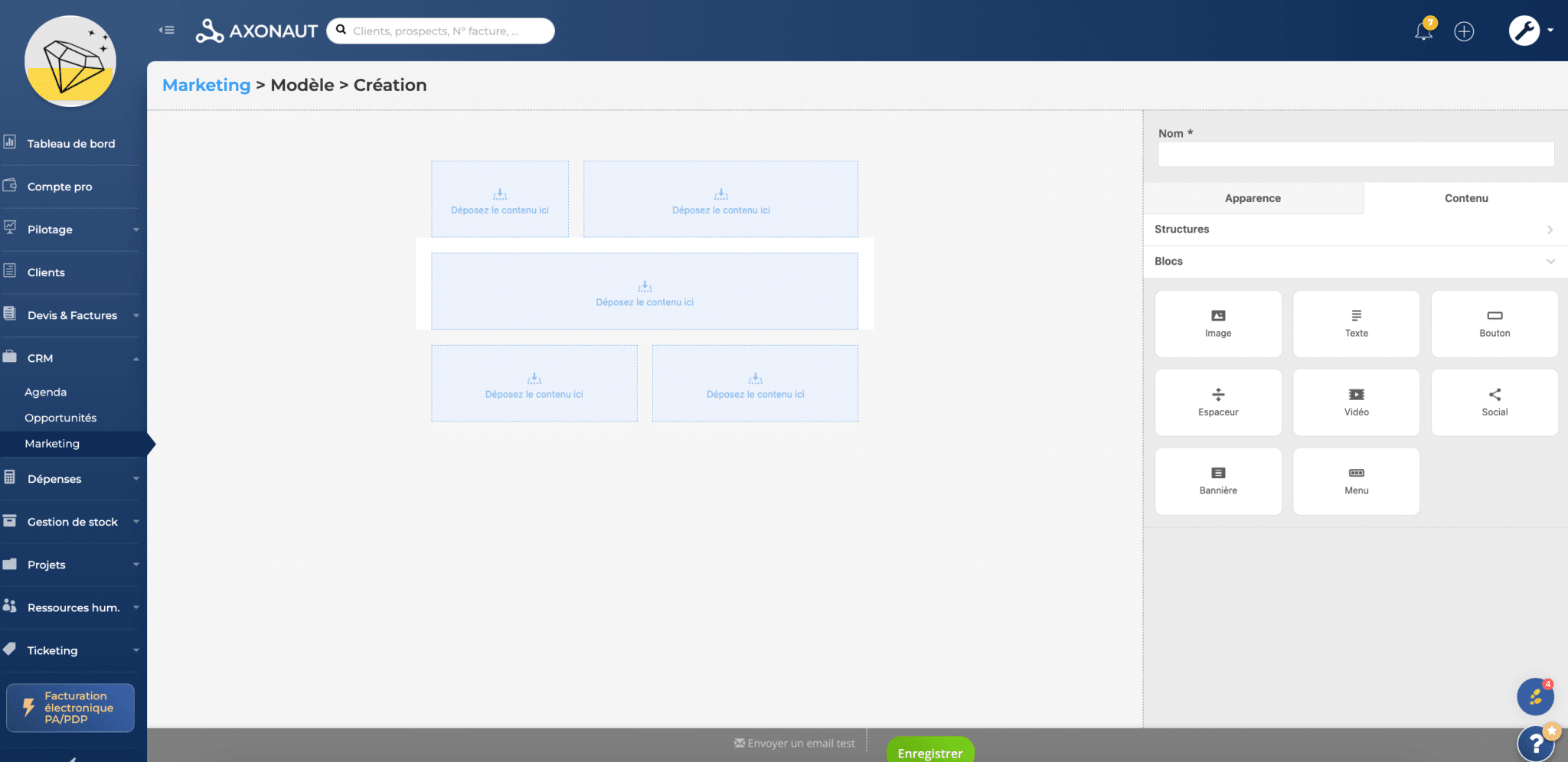 Axonaut, editor de e-mail integrado para campanhas simples