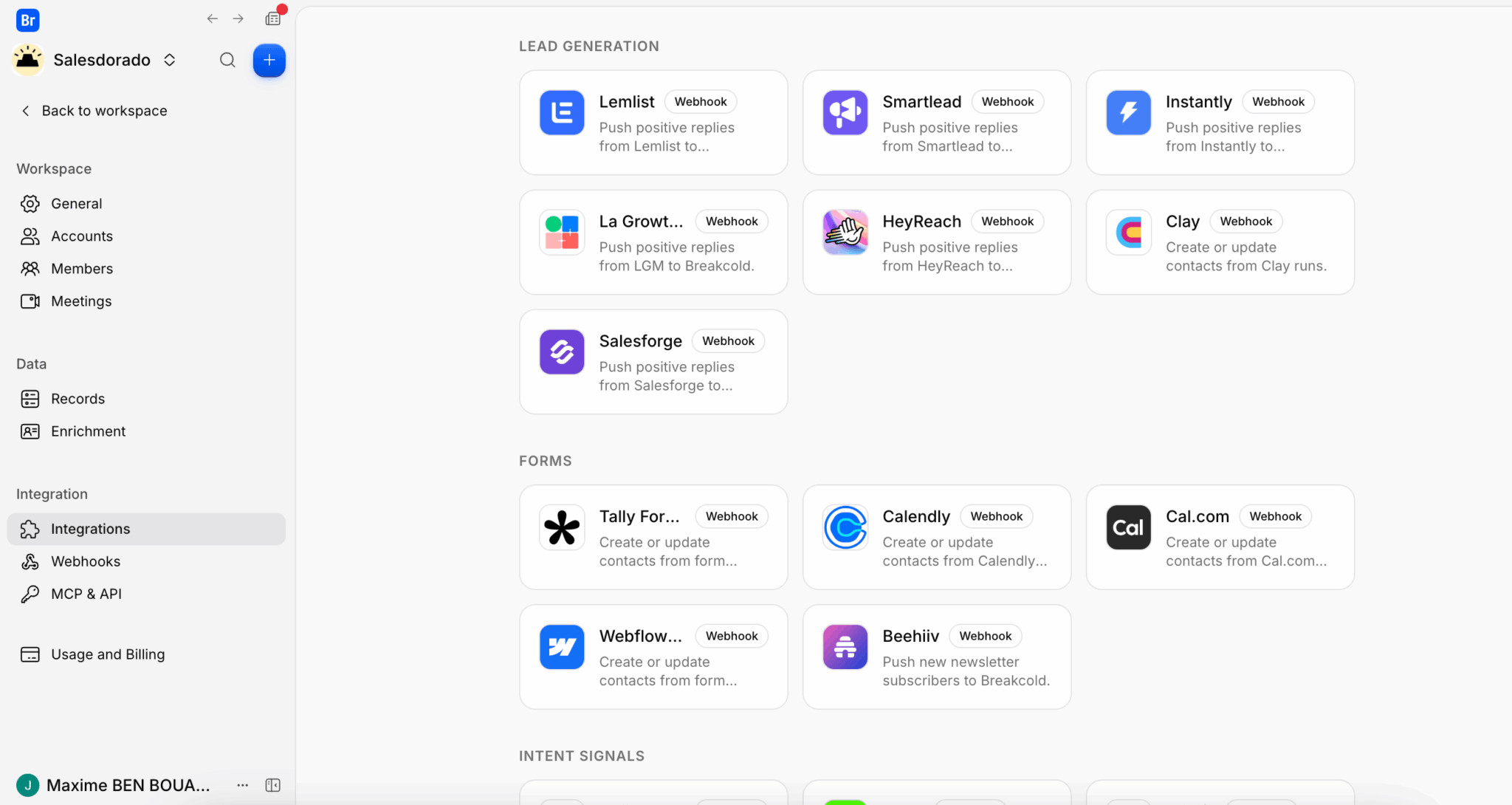 Página de Integrações do Breakcold: webhooks Lemlist, Smartlead, Instantly, HeyReach, Clay, Tally, Calendly, Beehiiv