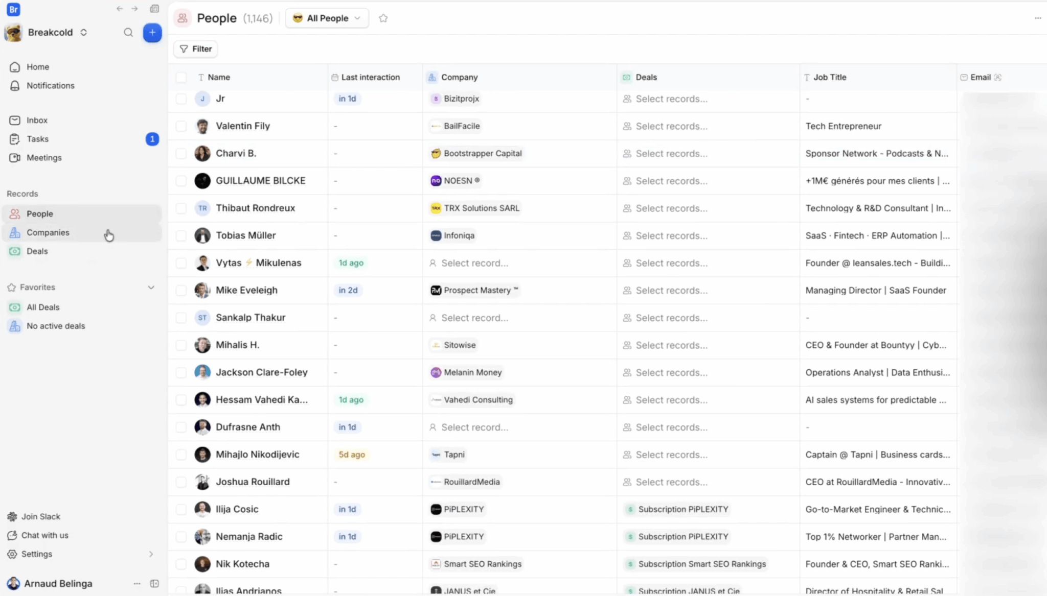 CRM do Breakcold, visão People com 1.146 contatos e última interação, empresa, deals e cargo