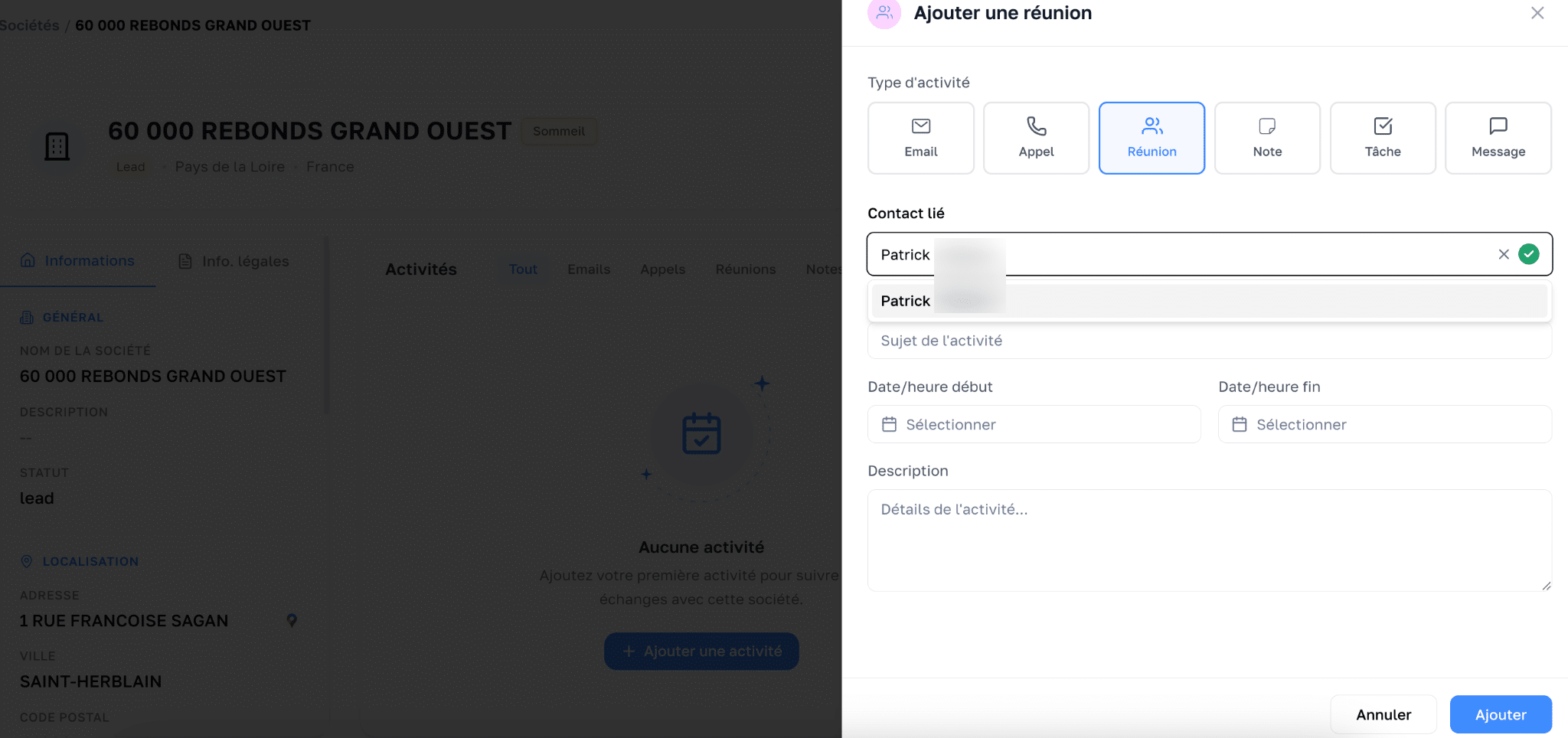 La saisie d'une activité dans Charik : email, appel, réunion, note, tâche ou message, rattachés à un contact