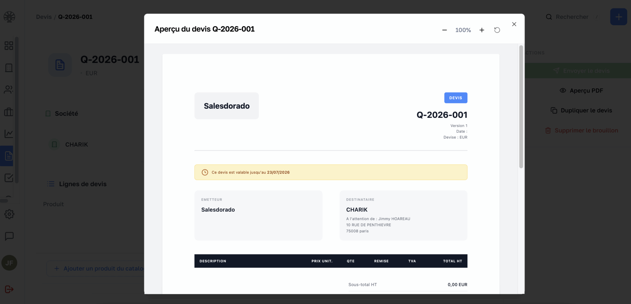 L'aperçu d'un devis généré depuis Charik, aux couleurs de votre société