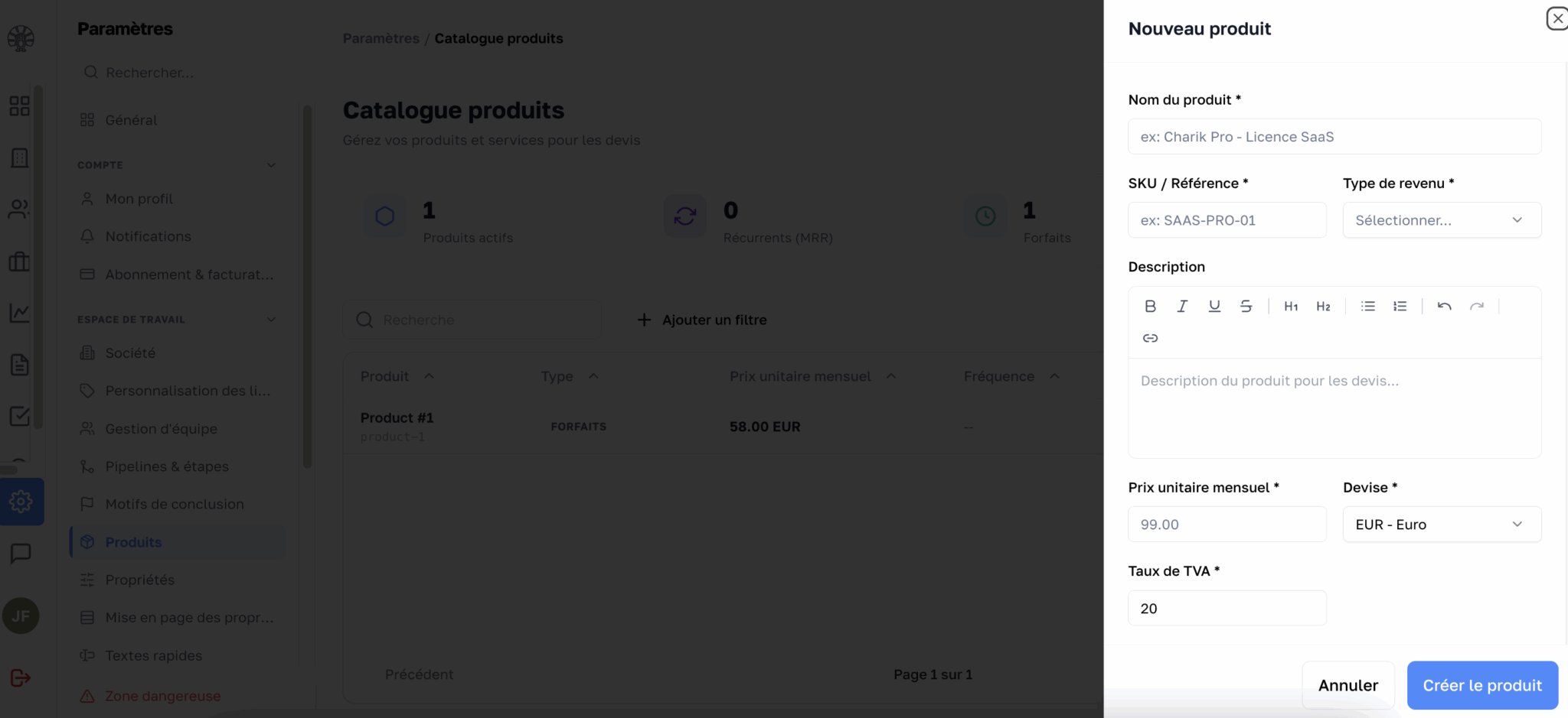 Le catalogue produits de Charik : référence, type de revenu, prix unitaire mensuel et TVA