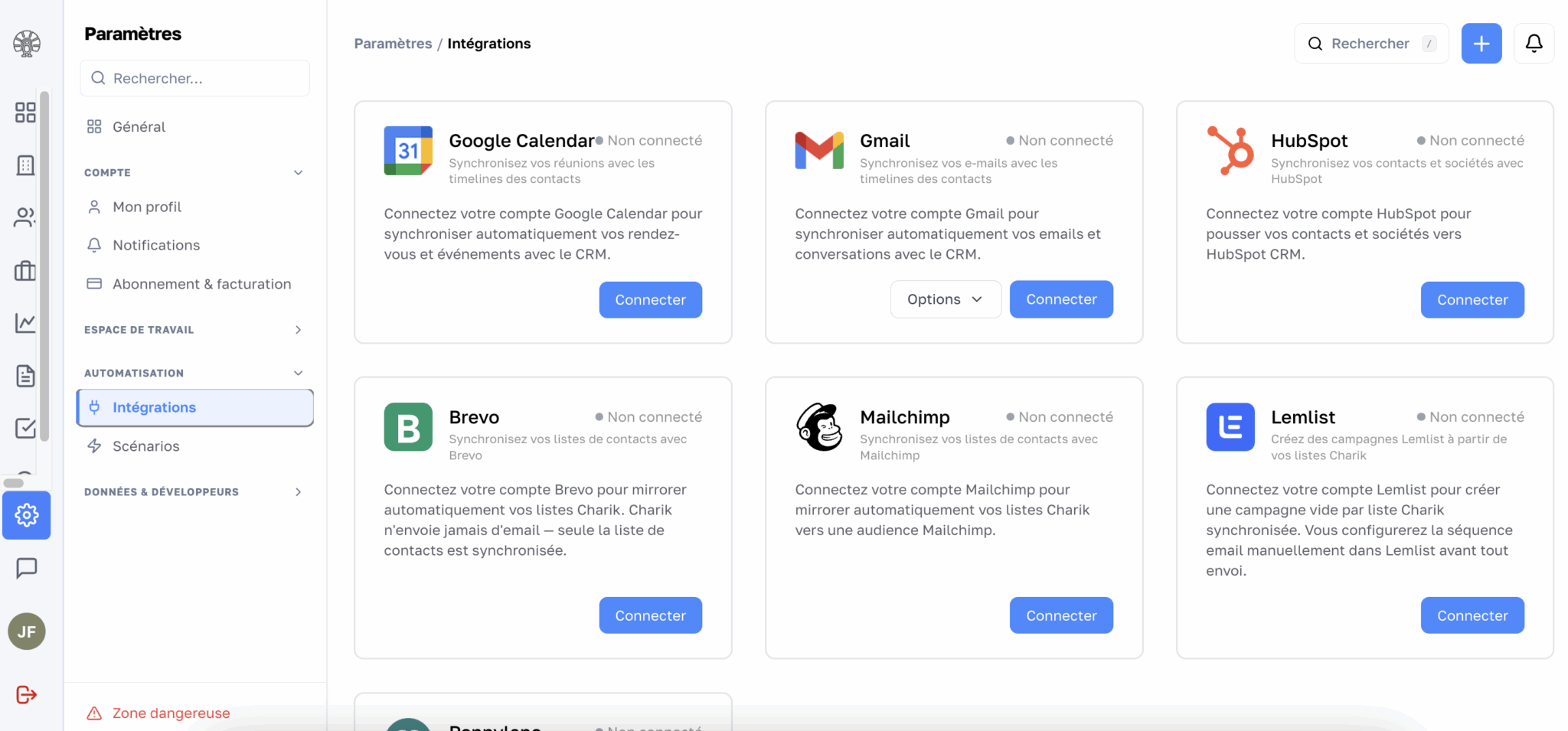 La page des intégrations de Charik : Google Calendar, Gmail, HubSpot, Brevo, Mailchimp, Lemlist et Pennylane