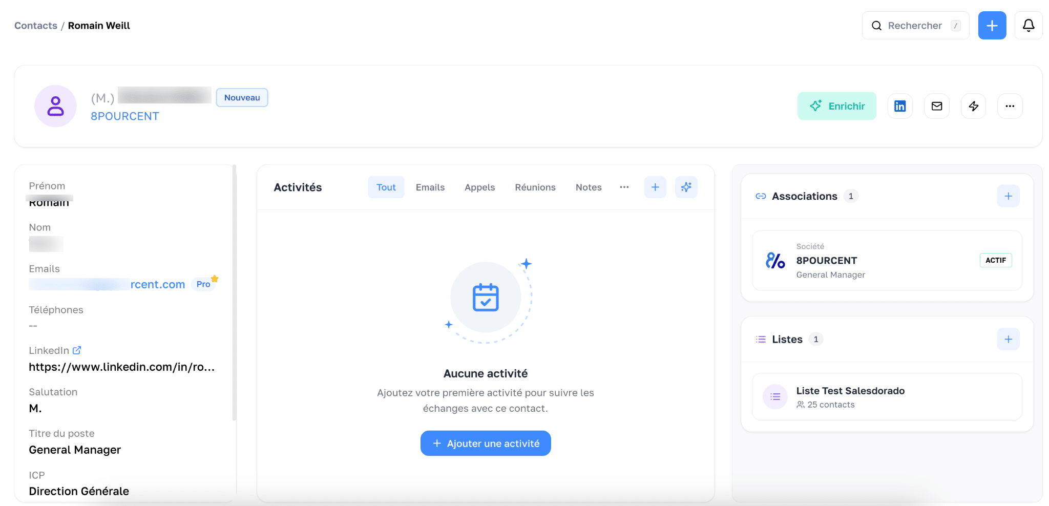 Une fiche contact Charik : coordonnées enrichies, activités, associations et listes