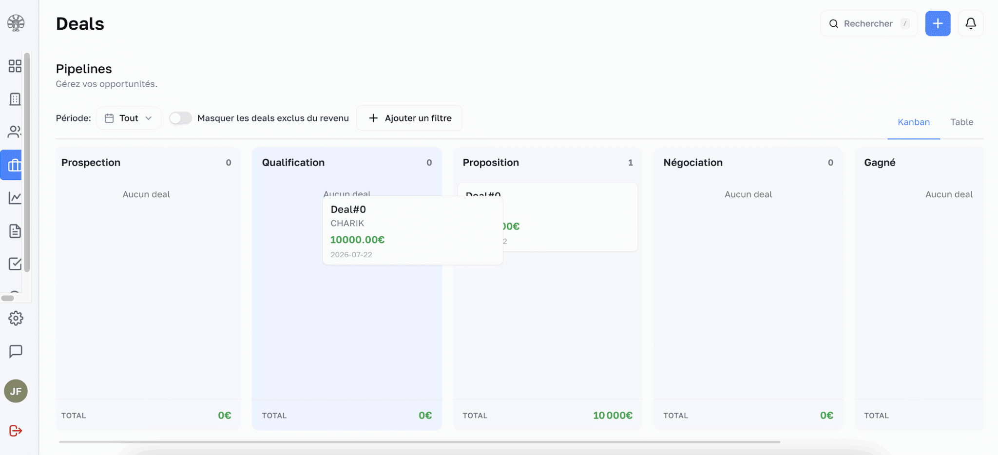 Le pipeline de Charik en vue kanban, avec glisser-déposer des deals et totaux par étape