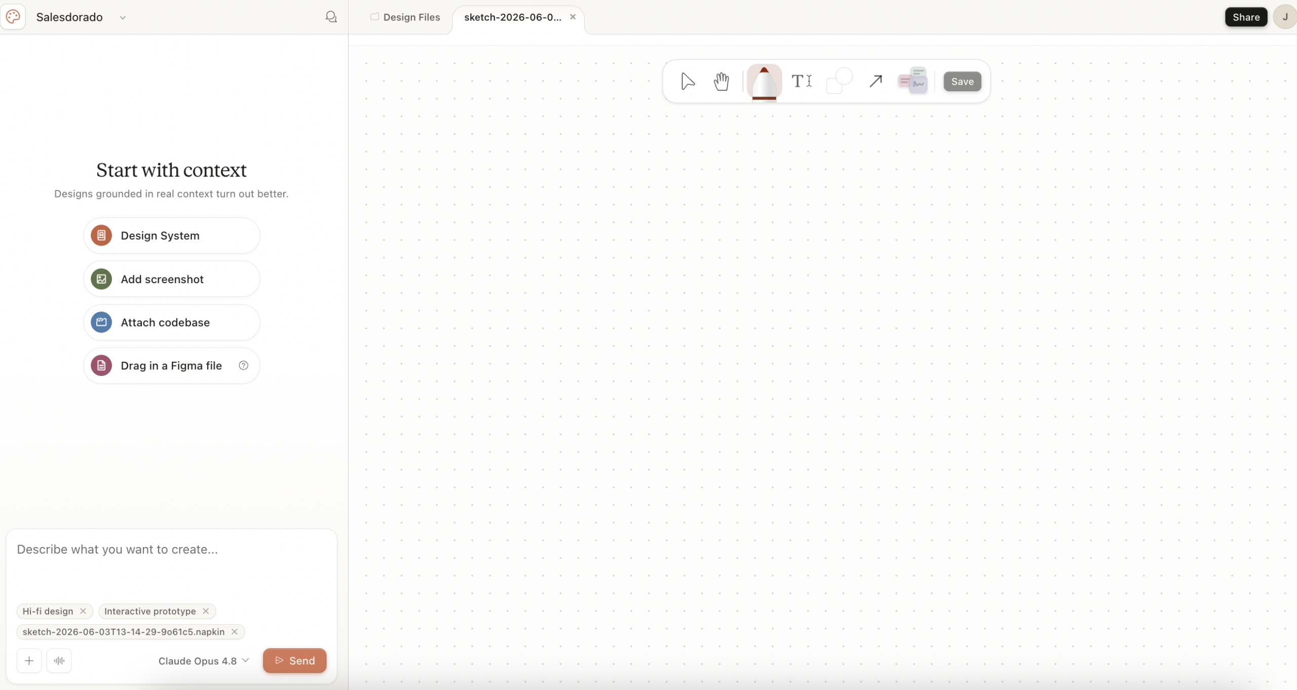 Interface de design com IA: painel "Start with context" (Design System, screenshot, codebase, Figma) e tela em branco