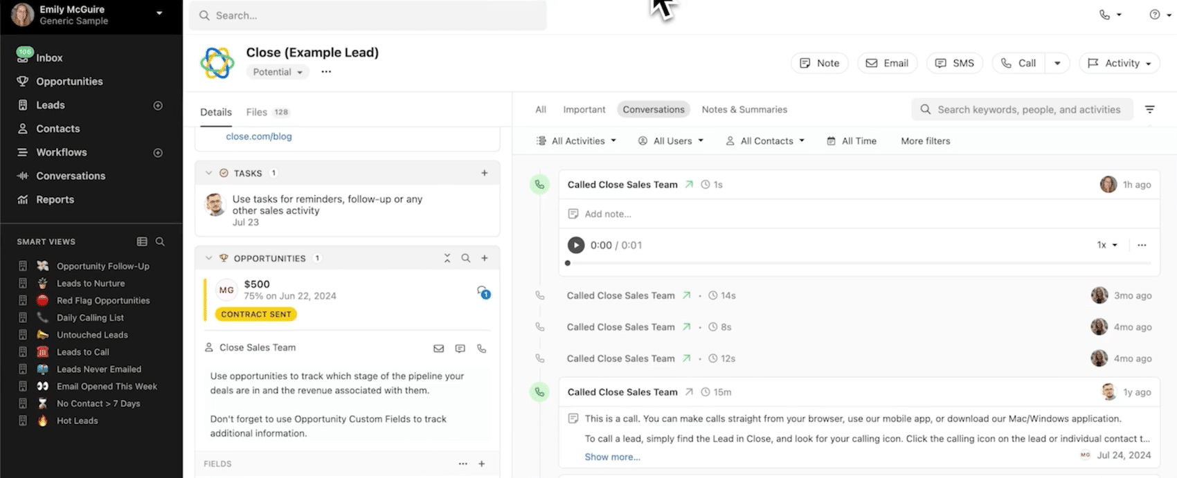 Ficha Lead do Close: contatos, oportunidades, ligações e e-mails no mesmo lugar