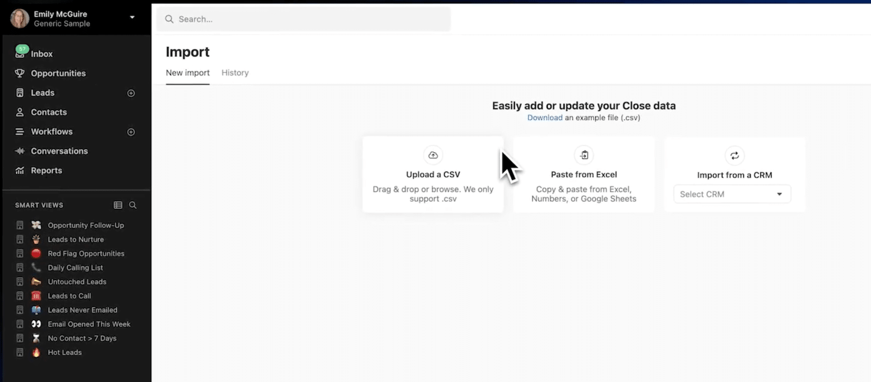Importação de contatos no Close, a partir de um CSV ou de outro CRM
