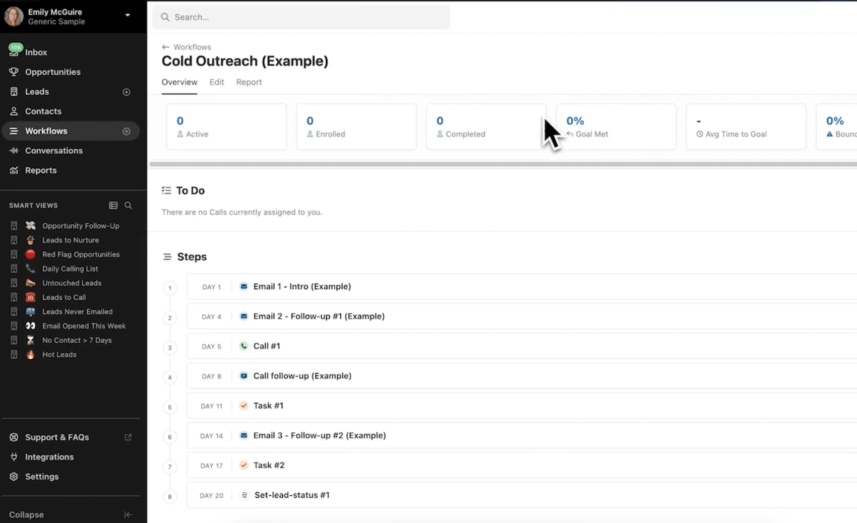 Detalhe de um Workflow do Close, etapas e esperas