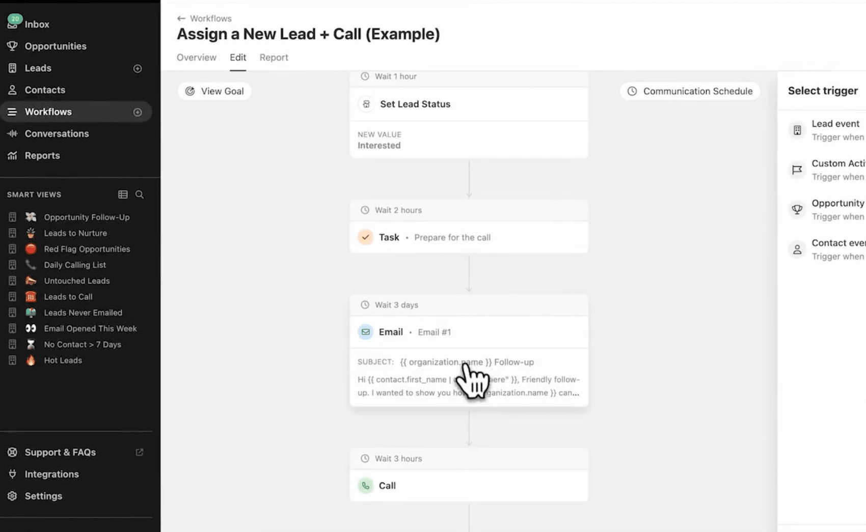 Editor de Workflows do Close, sequências multicanal