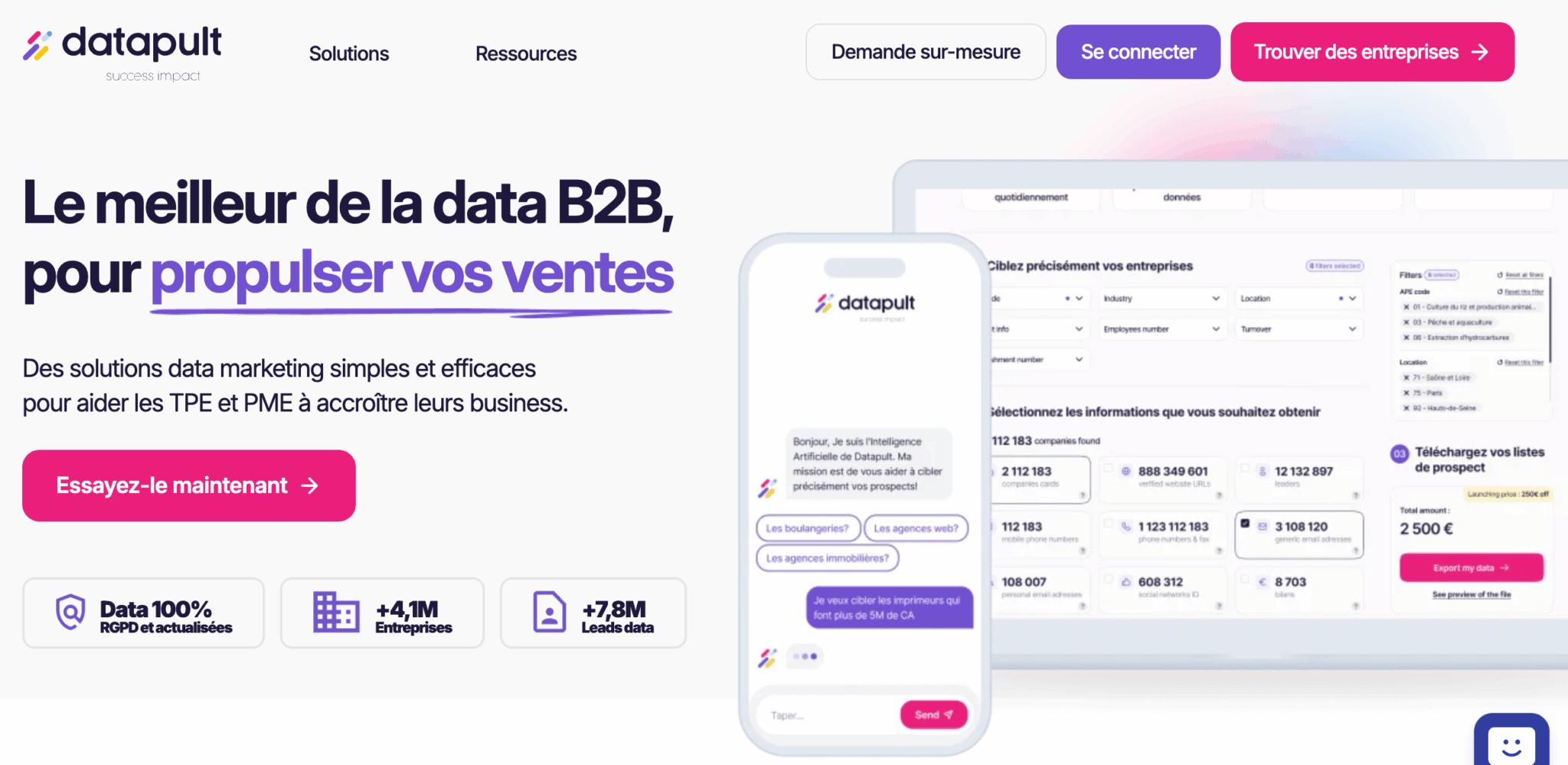 La page d'accueil de Datapult