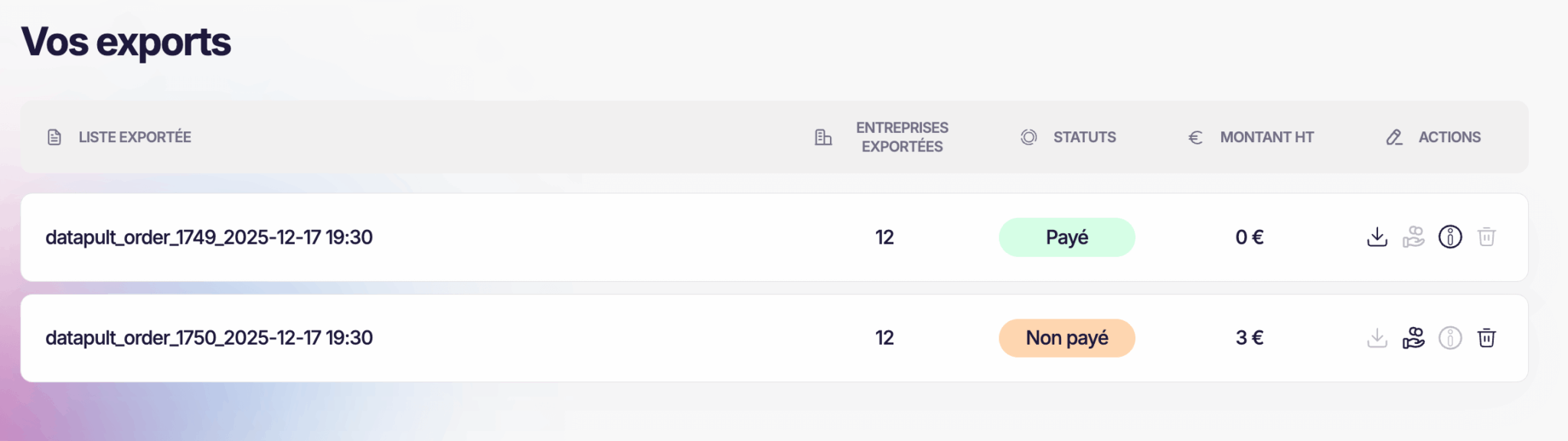 La liste des exports dans Datapult
