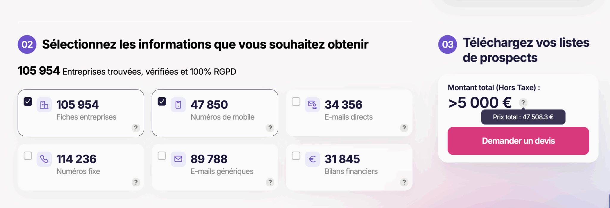 Le prix affiché pour un gros fichier dans Datapult