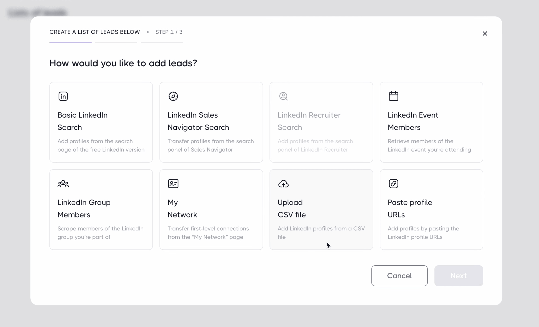 Les méthodes d'import de leads dans Dripify : recherche LinkedIn, Sales Navigator, événement, groupe, réseau, CSV, URLs
