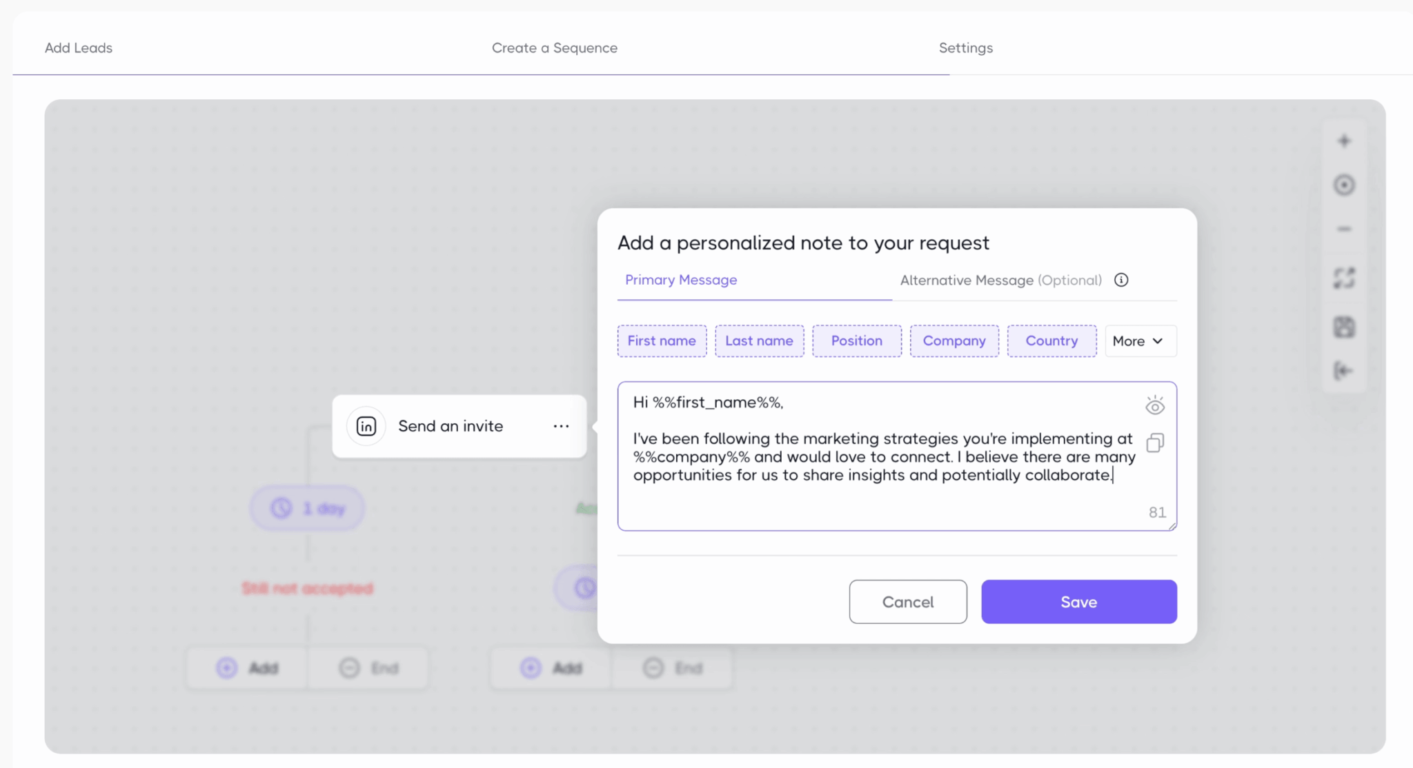La rédaction d'une note d'invitation personnalisée avec variables et message alternatif pour l'A/B test