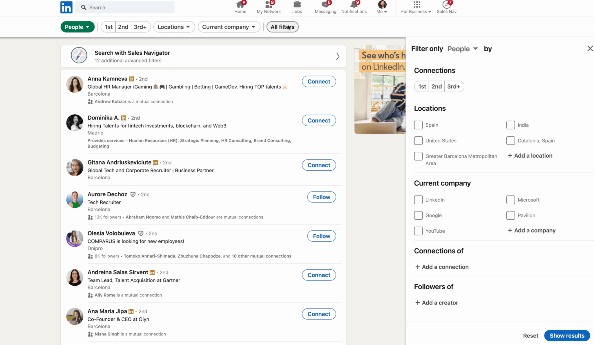 Le ciblage se construit dans LinkedIn avec les filtres natifs, Dripify récupère ensuite le résultat