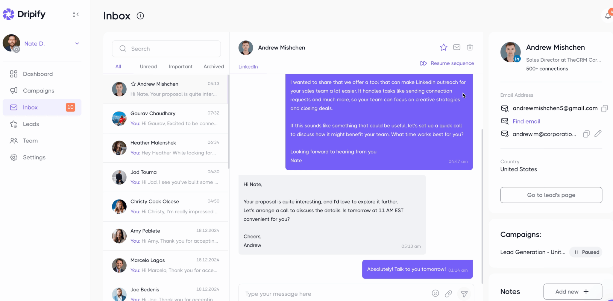 L'inbox Dripify centralise les conversations LinkedIn, avec le bouton de reprise de séquence