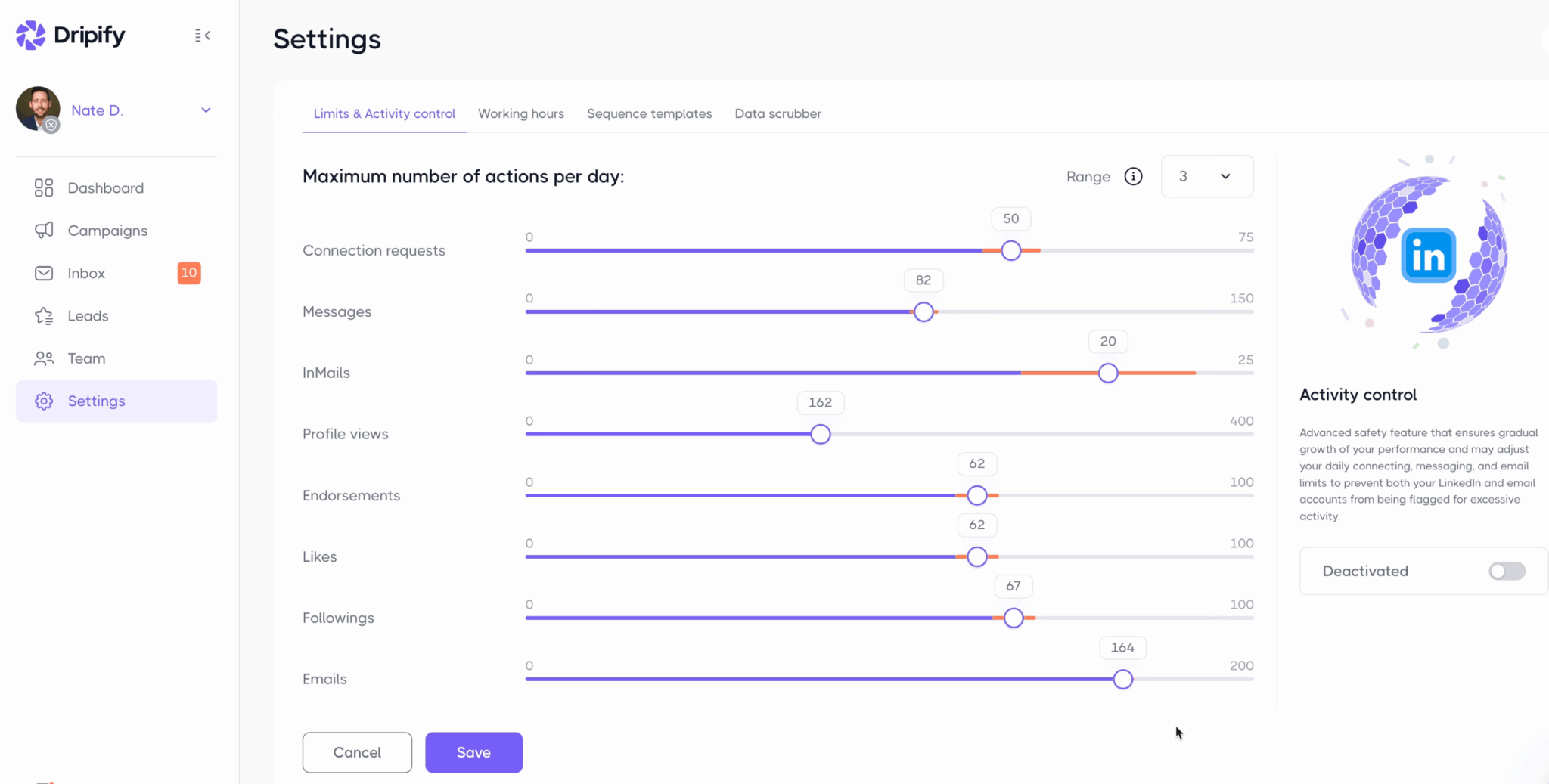 Les curseurs de limites quotidiennes de Dripify : invitations, messages, InMails, visites de profil, emails