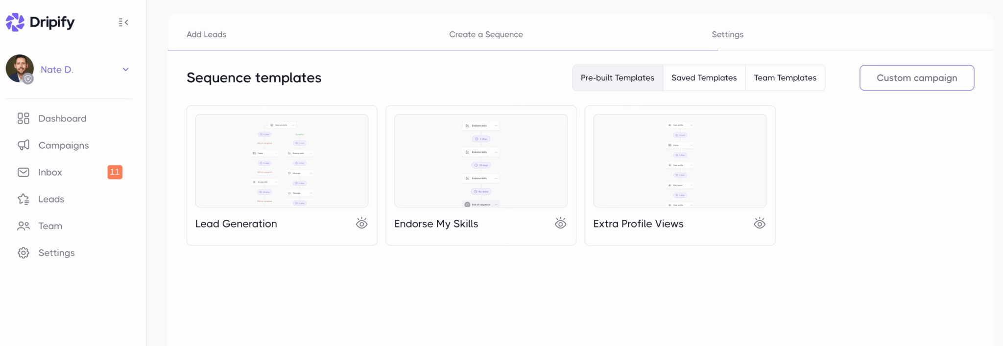 Les trois templates de séquences prêts à l'emploi proposés par Dripify
