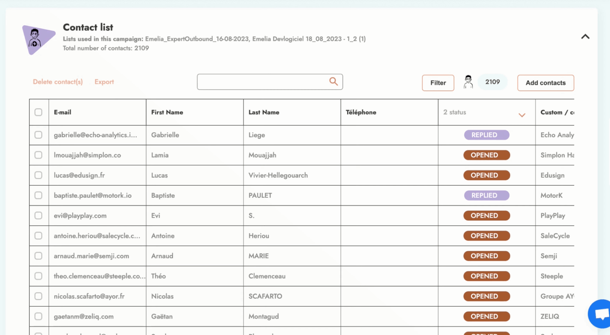 La liste de contacts dans Emelia