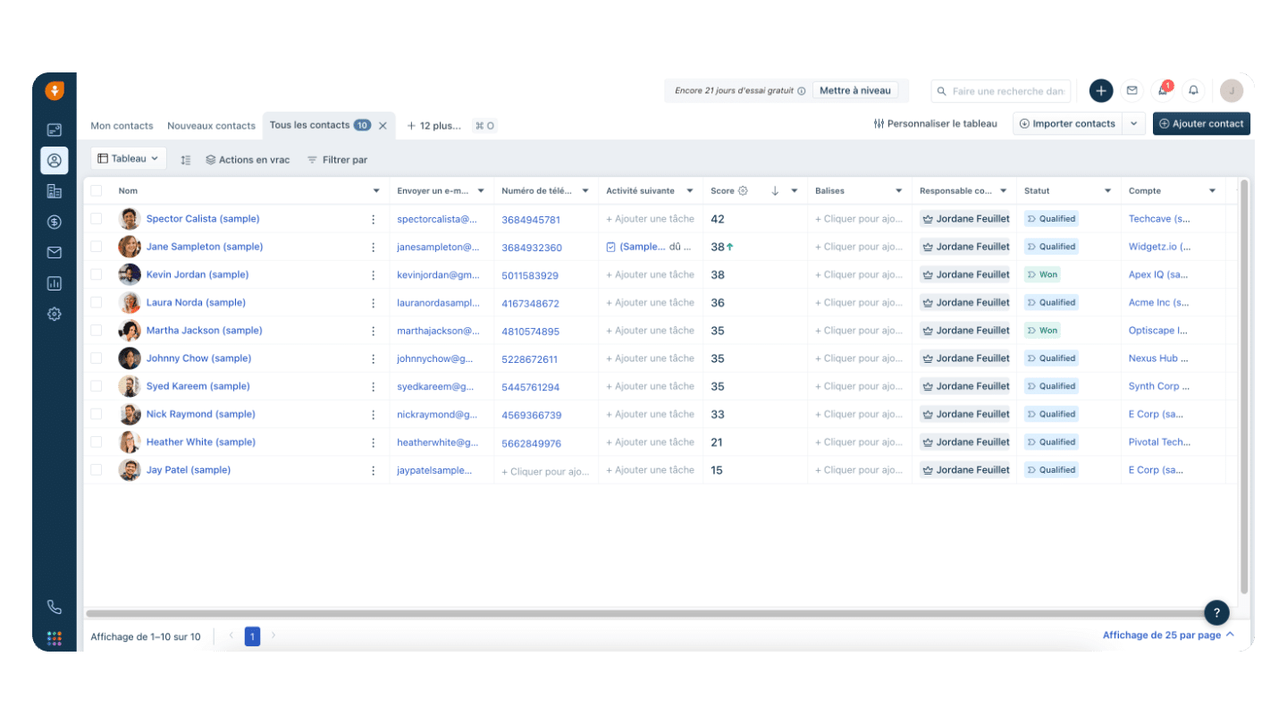 Lista de contatos no Freshsales, com colunas personalizáveis