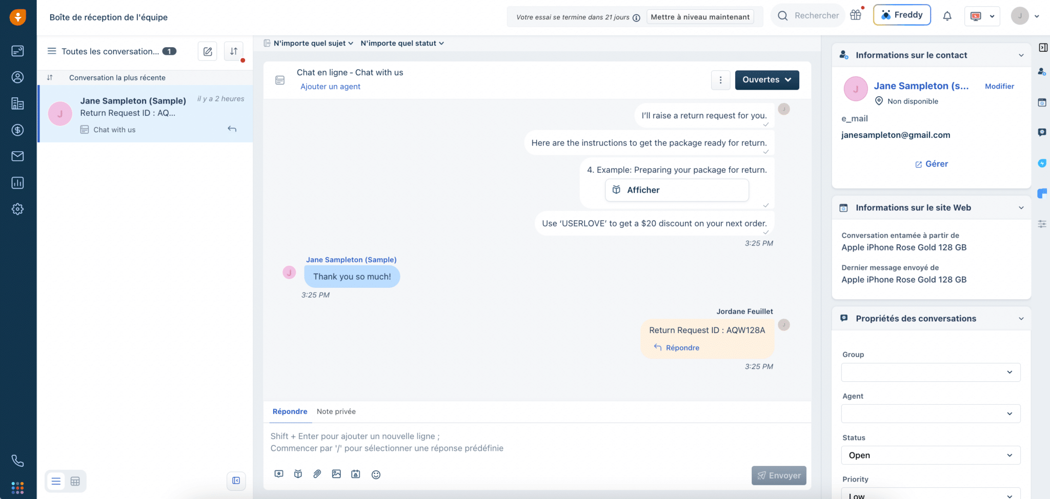 Sessões do chatbot acompanhadas pelo Freshsales