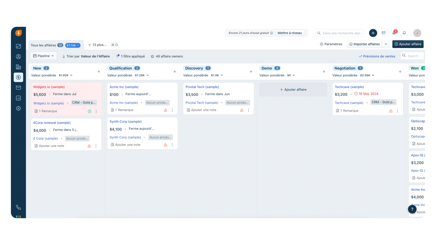 Pipeline de vendas do Freshsales em visão Kanban