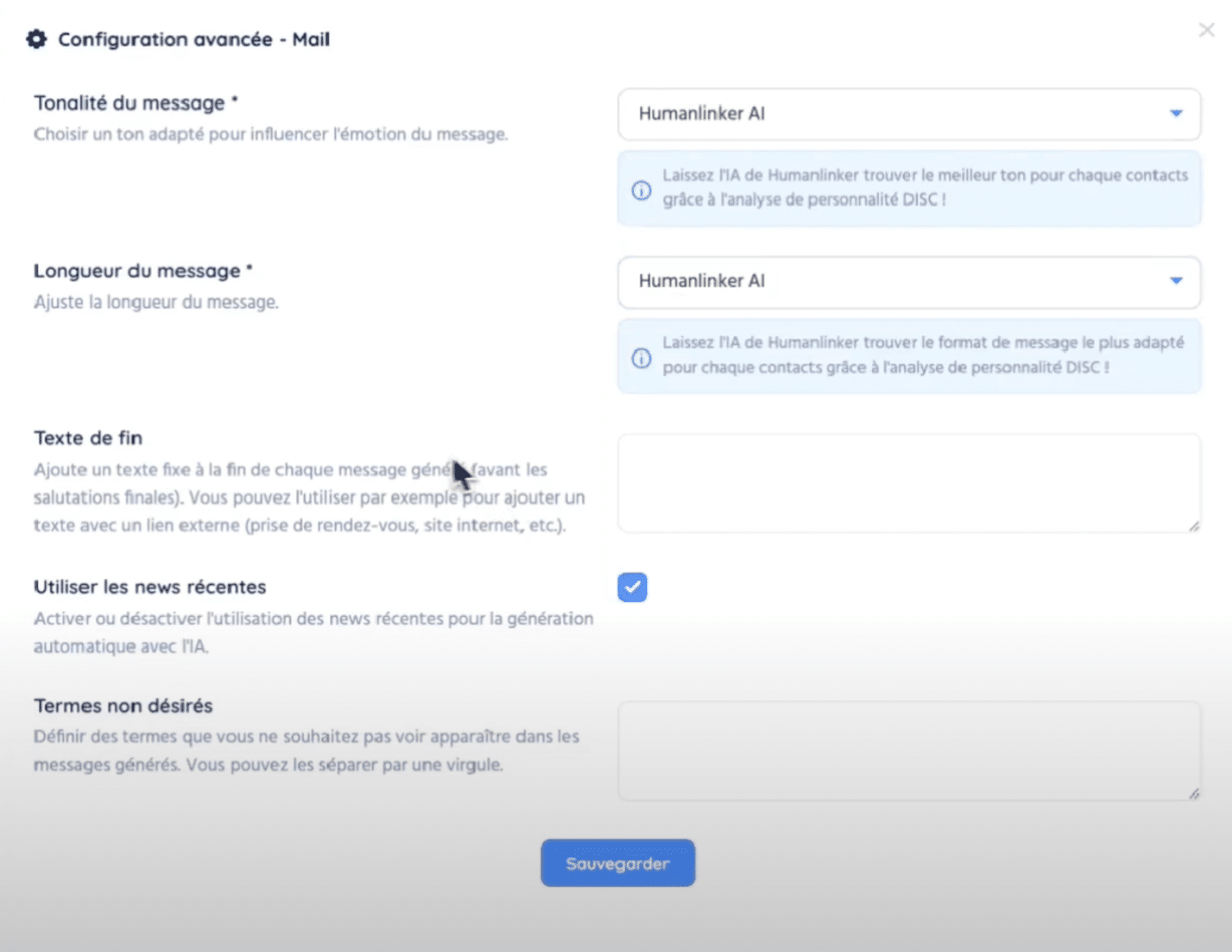 La configuration de l'IA de rédaction dans HumanLinker