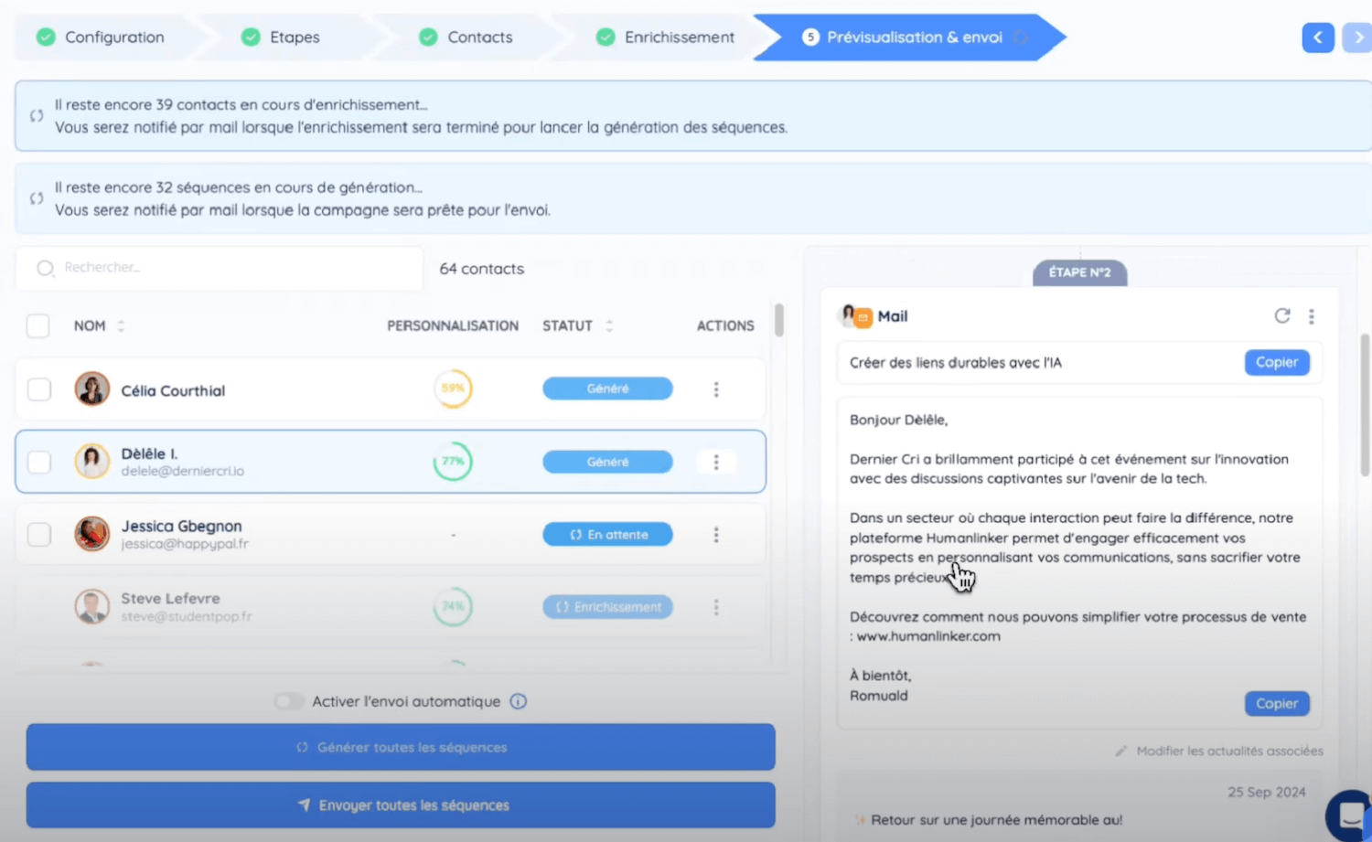 La personnalisation d'un email dans HumanLinker
