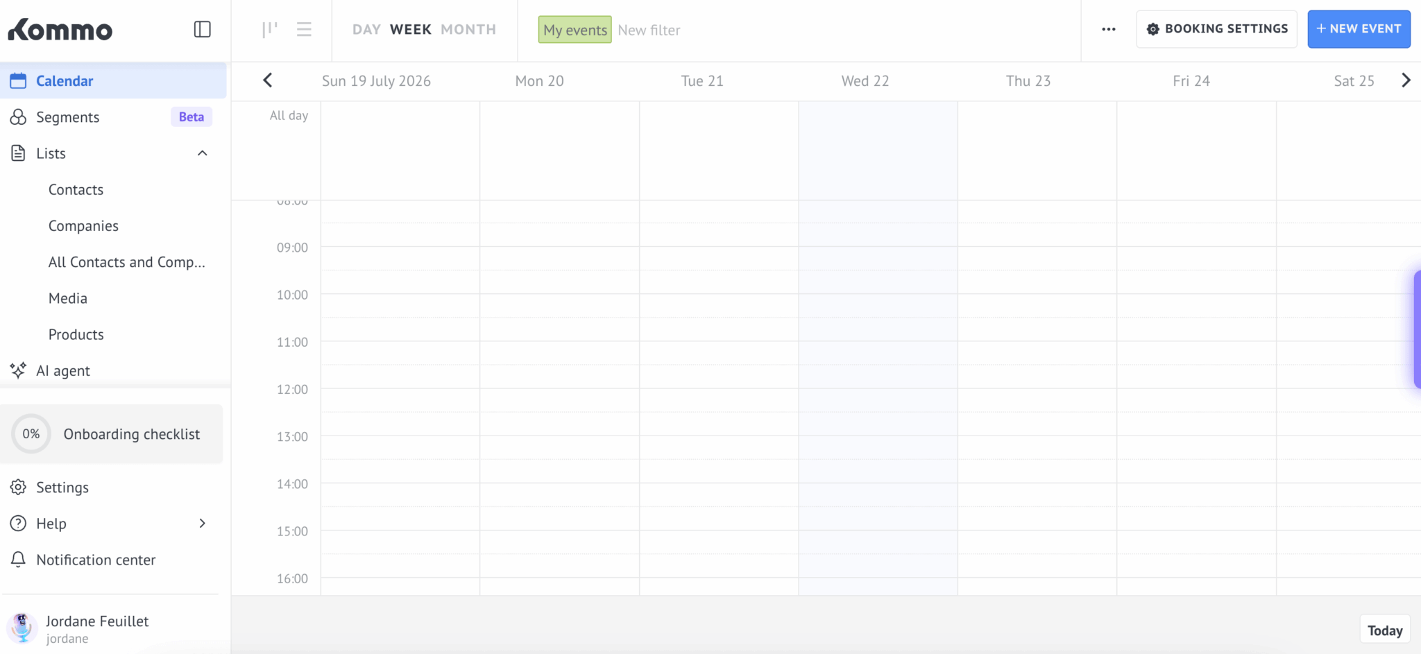 A agenda do Kommo em visão semanal, com os parâmetros de agendamento de reuniões